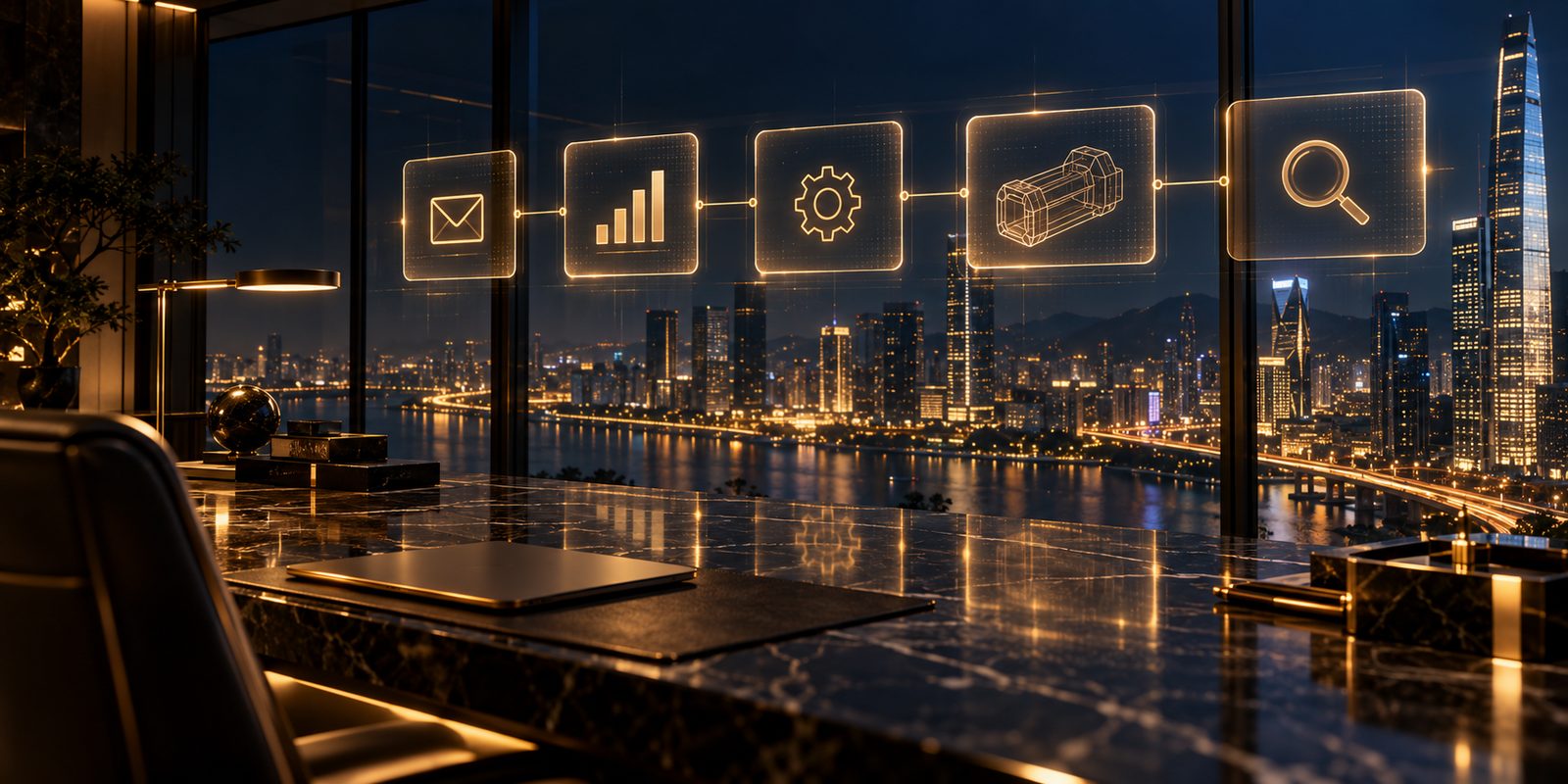 Glowing AI agent panels linked by gold lines on the glass wall of a night-time office above a city skyline