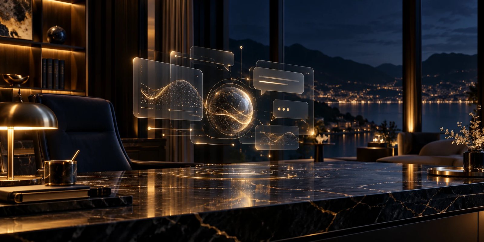 A holographic AI assistant with chat bubbles above a marble desk in a private bank office at night