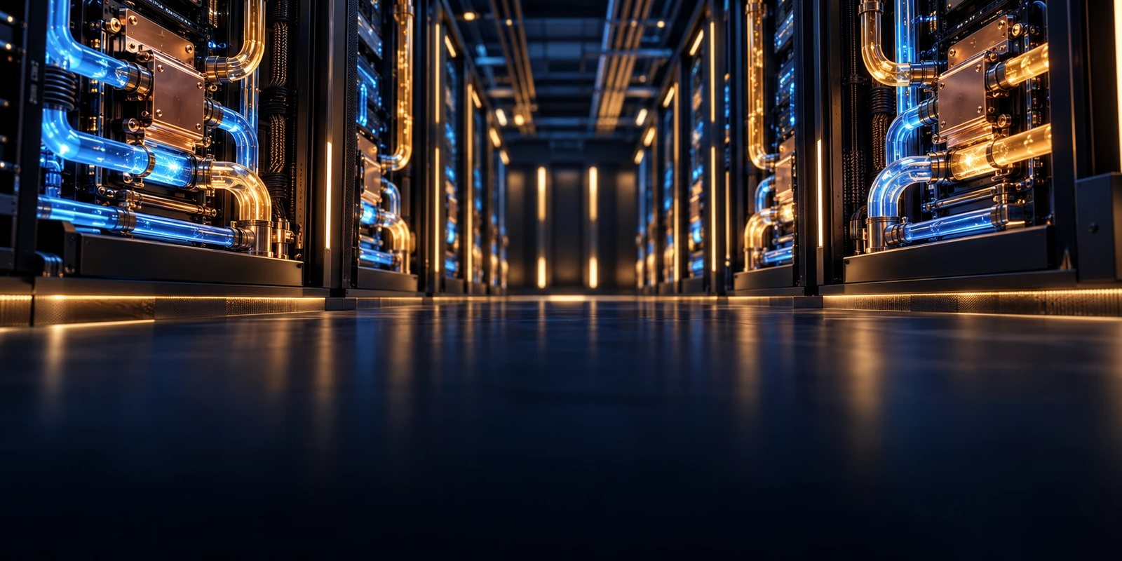 Liquid-cooled AI server racks with glowing coolant pipes in a data center aisle