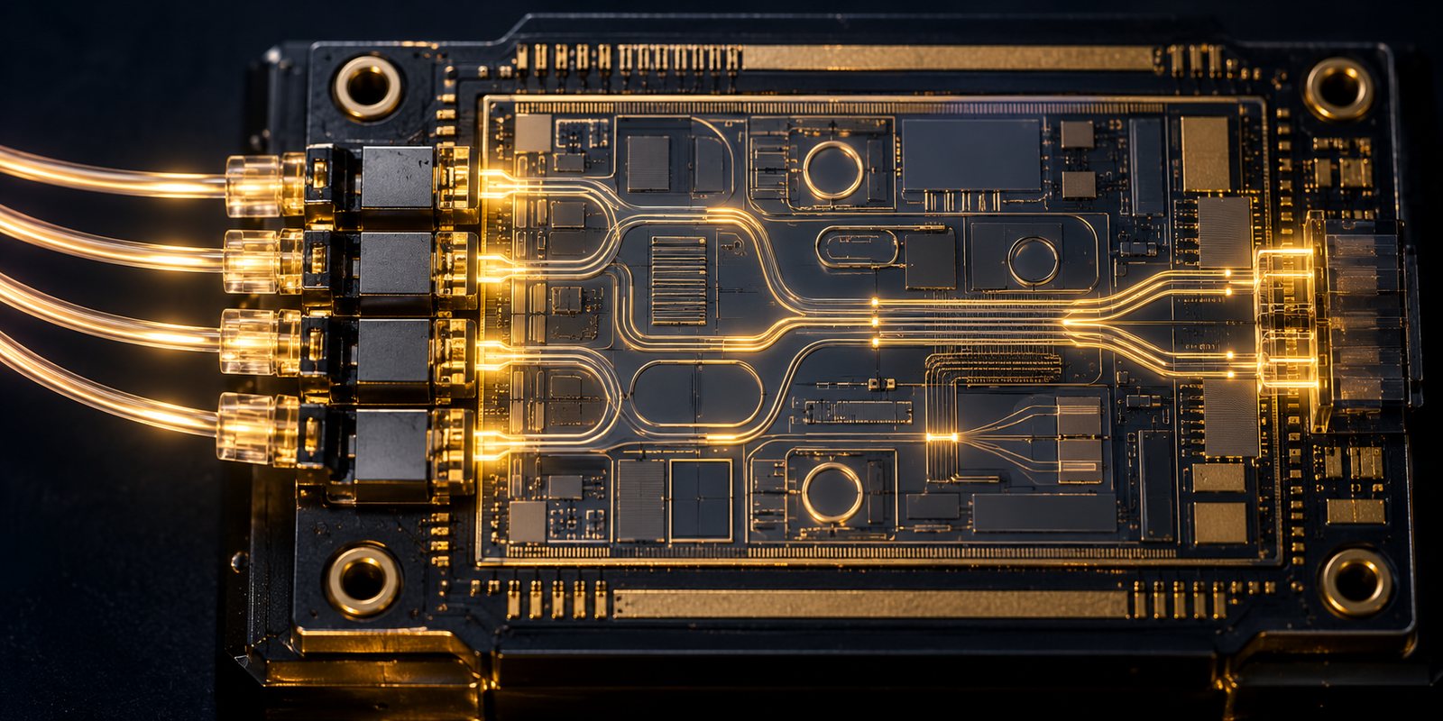 A photonic chip with gold light travelling through optical fibers