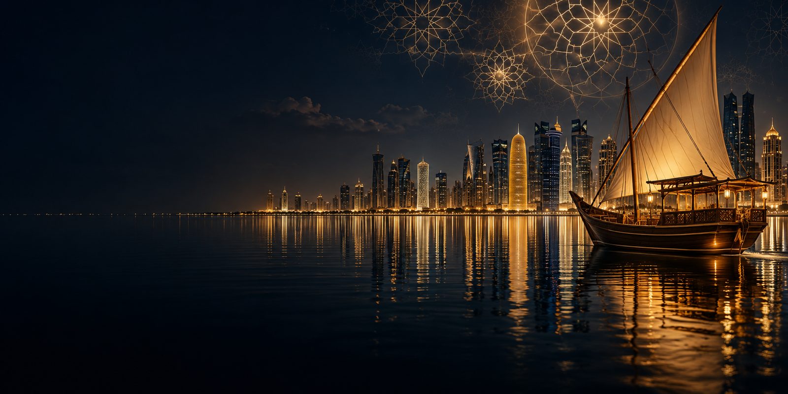 A traditional dhow on calm water in front of a Gulf city skyline at night, with gold Arabic geometric patterns in the sky