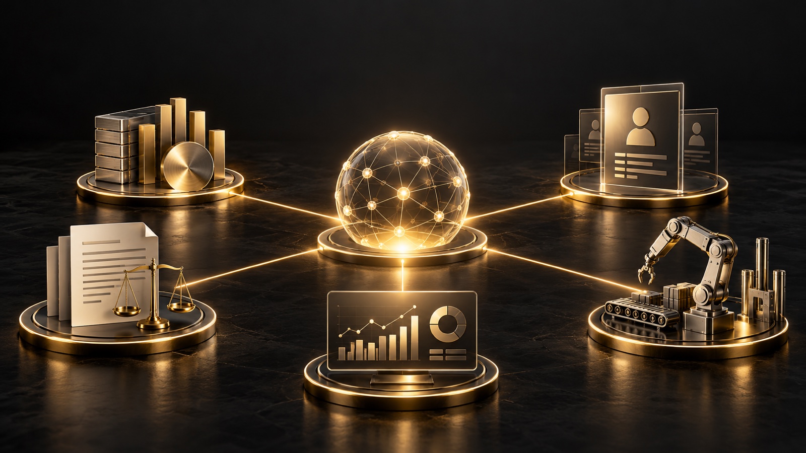 A gold business network connecting finance, hiring, legal, analytics and industrial systems