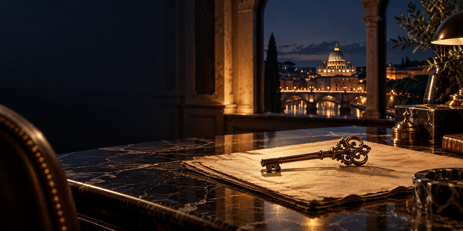 A brass key on an old family document on a marble desk, with Rome and St Peter's dome through an arched window at night, representing inheri.it (inherit)