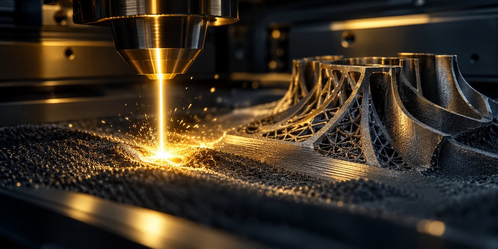 A laser melting metal powder beside a lattice metal part in a powder bed fusion printer