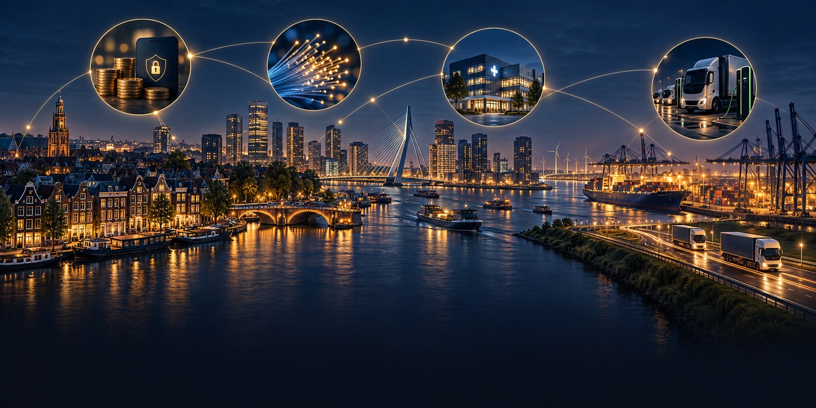 A Dutch city and port at blue hour connected to fintech, fiber, healthcare and electric logistics scenes by gold data lines