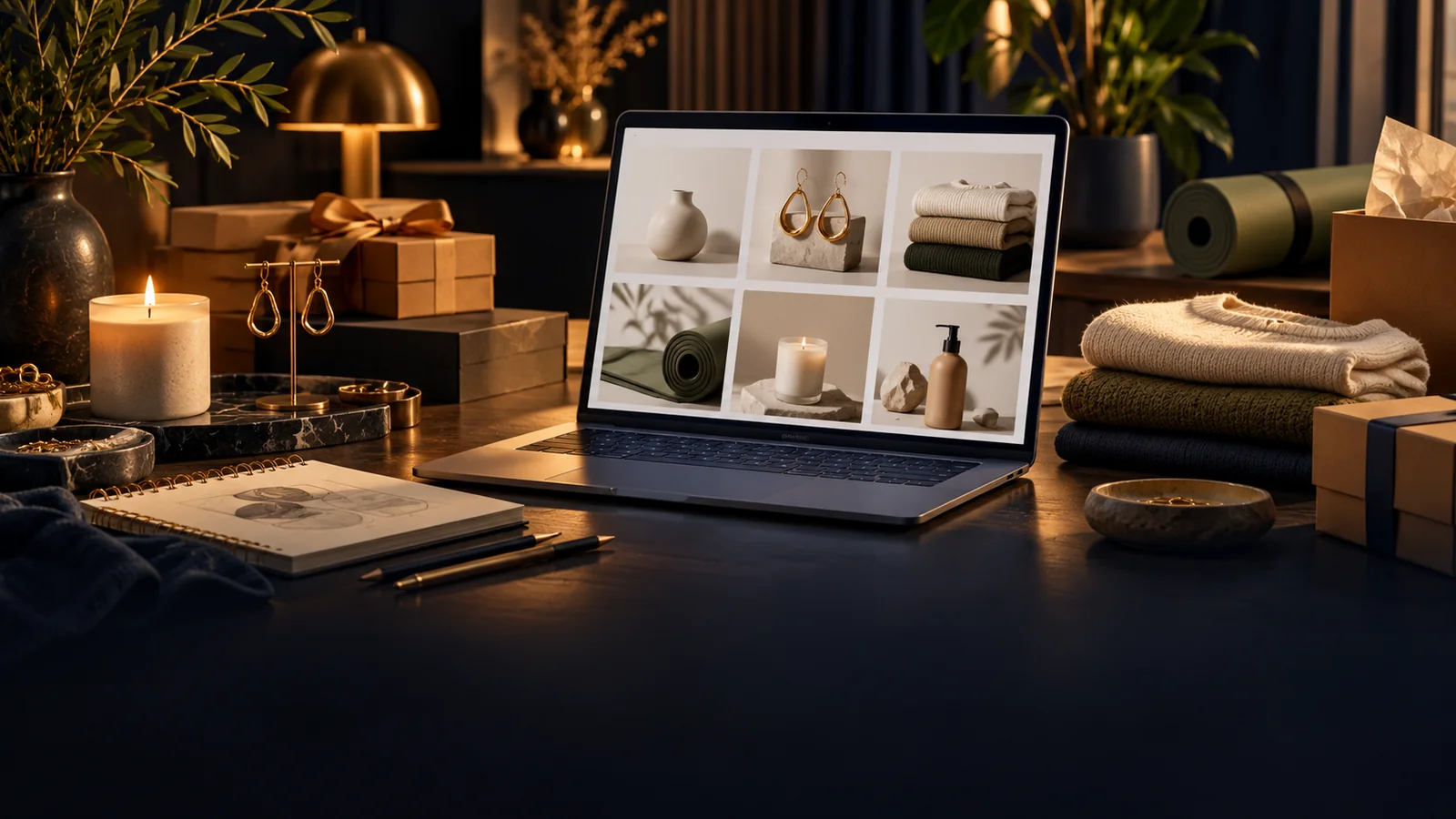 Cinematic ecommerce studio with a laptop displaying product images, home fragrance, jewelry, clothing, art supplies and yoga accessories