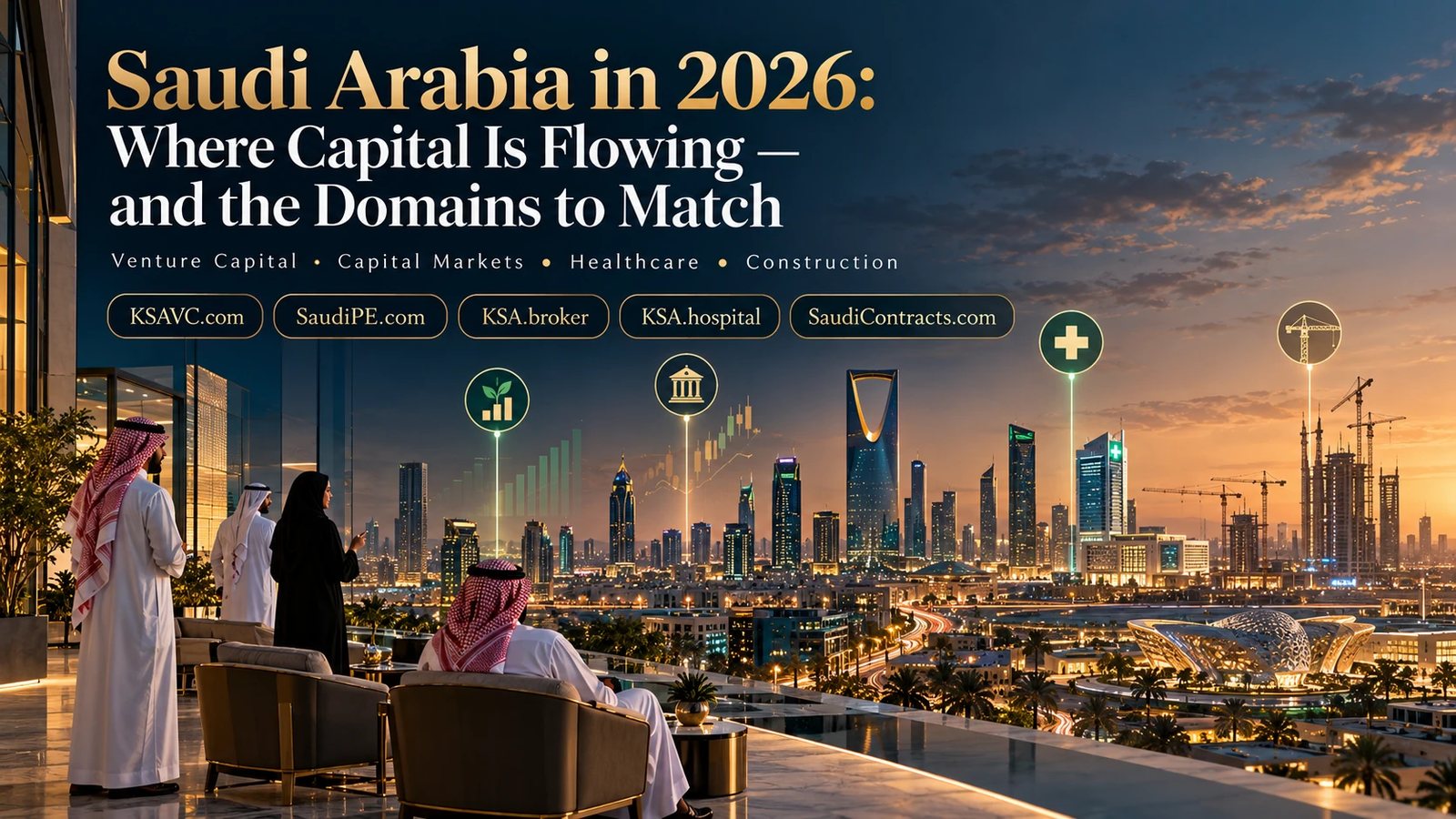 Riyadh skyline at sunset with icons for venture capital, capital markets, healthcare and construction, and the names KSAVC.com, SaudiPE.com, KSA.broker, KSA.hospital and SaudiContracts.com