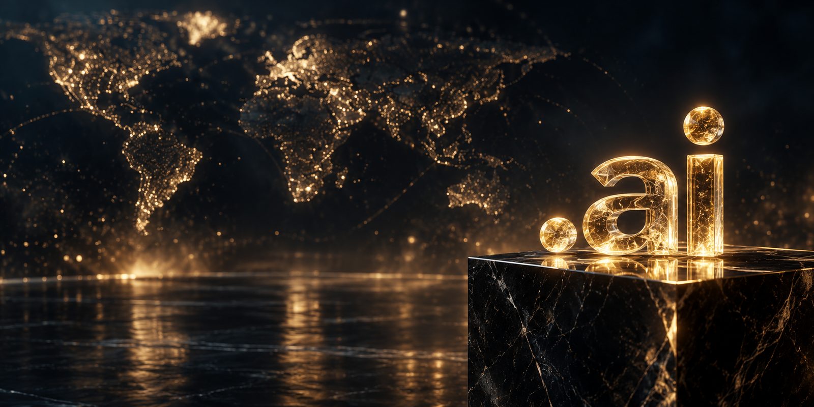 A glowing gold .ai emblem on a black marble pedestal in front of a world map made of golden light