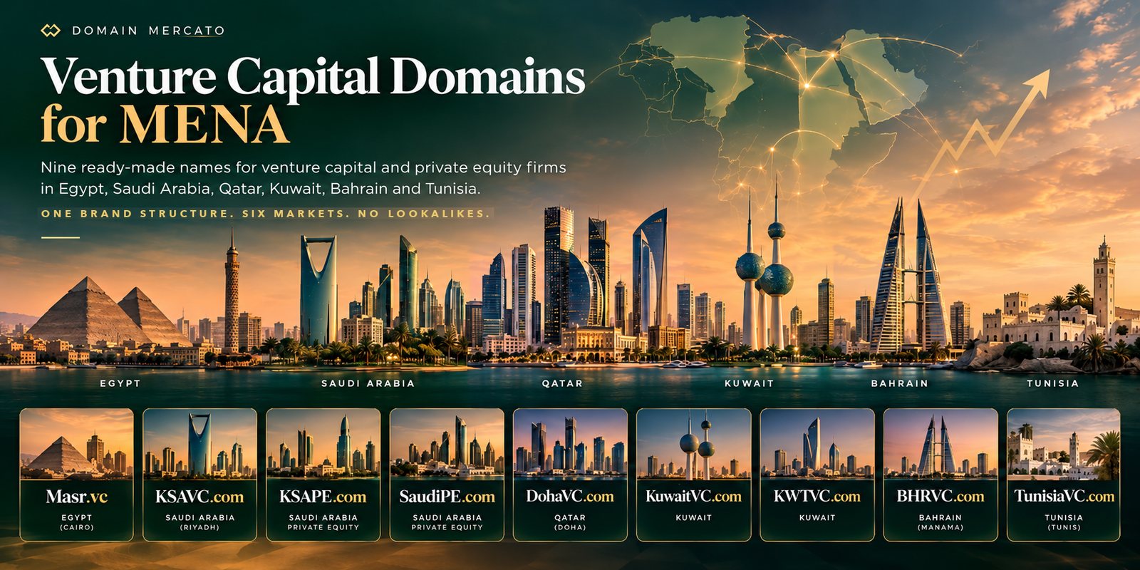 Skylines of Cairo, Riyadh, Doha, Kuwait City, Manama and Tunis above cards for Masr.vc, KSAVC.com, KSAPE.com, SaudiPE.com, DohaVC.com, KuwaitVC.com, KWTVC.com, BHRVC.com and TunisiaVC.com