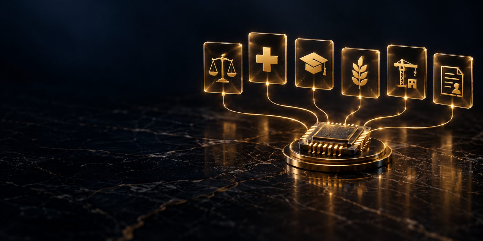 Six glowing gold industry icons for law, health, education, agriculture, construction and payroll linked to one AI chip on black marble