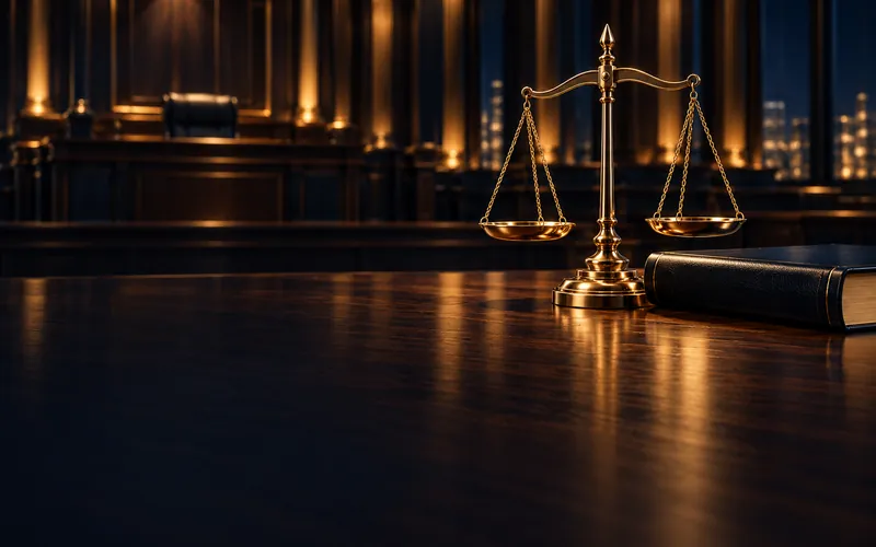 Modern courtroom with gold scales of justice, representing personal injury law