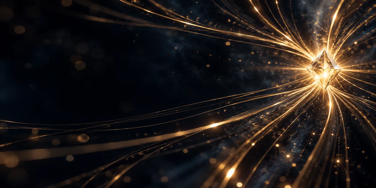 Gold light lines converging into one bright crystal on a dark background, representing the crux of agentic AI