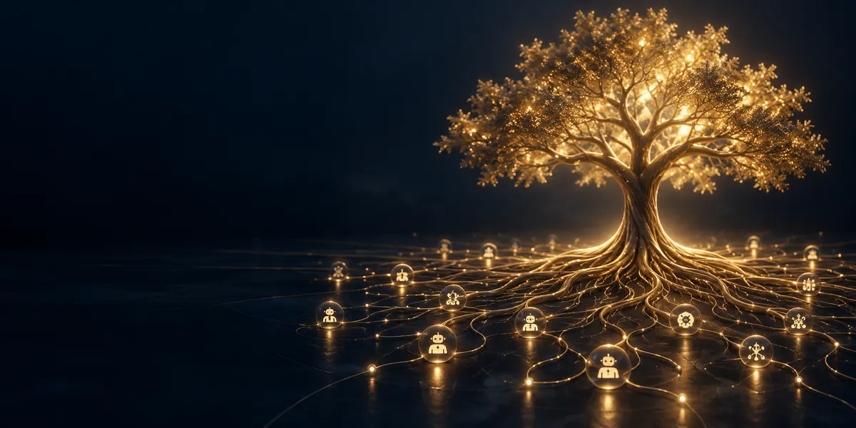 A glowing golden tree whose roots spread into a network of AI agent nodes, representing a root platform for AI agents