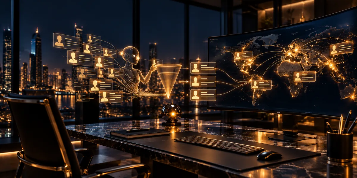 An AI assistant sorting contact cards into a sales funnel beside a world map on a curved monitor, representing AI lead generation