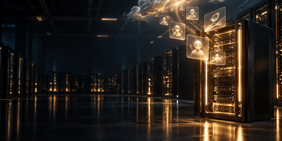 A lit server rack in a dark data center releasing holographic AI agent cards toward the cloud, representing AI agent hosting