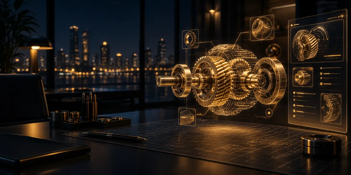 A golden 3D wireframe of a gear assembly with an AI design panel beside it, representing an AI agent for CAD