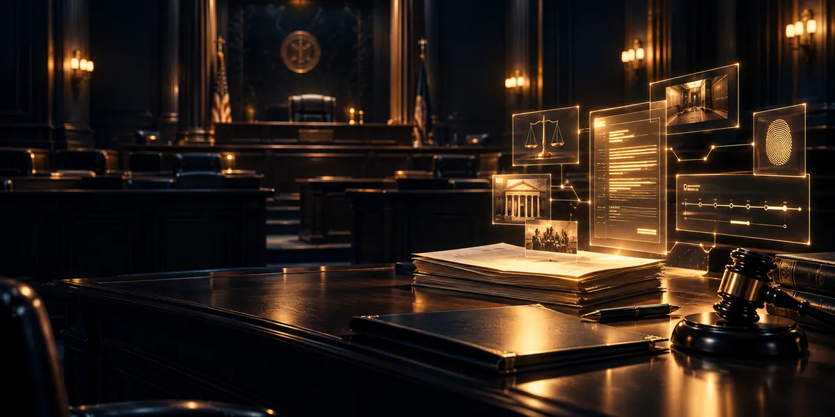 Glowing case files, a timeline and evidence cards above the counsel table in a dark courtroom, representing AI court preparation