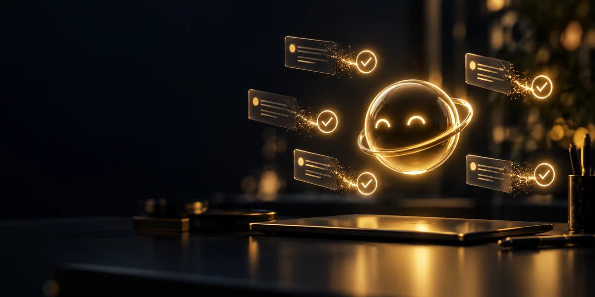 A friendly gold AI assistant orb surrounded by task cards with checkmarks, representing an AI that gets things done