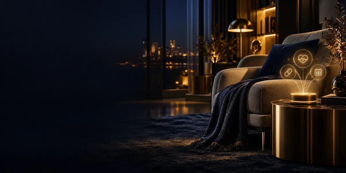 A small smart device projecting health icons beside an armchair in a quiet living room at night, representing AI home nursing