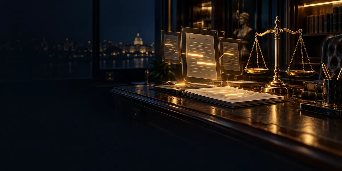 A gold scale of justice beside glowing AI document panels on a law office desk at night, representing an AI legal assistant