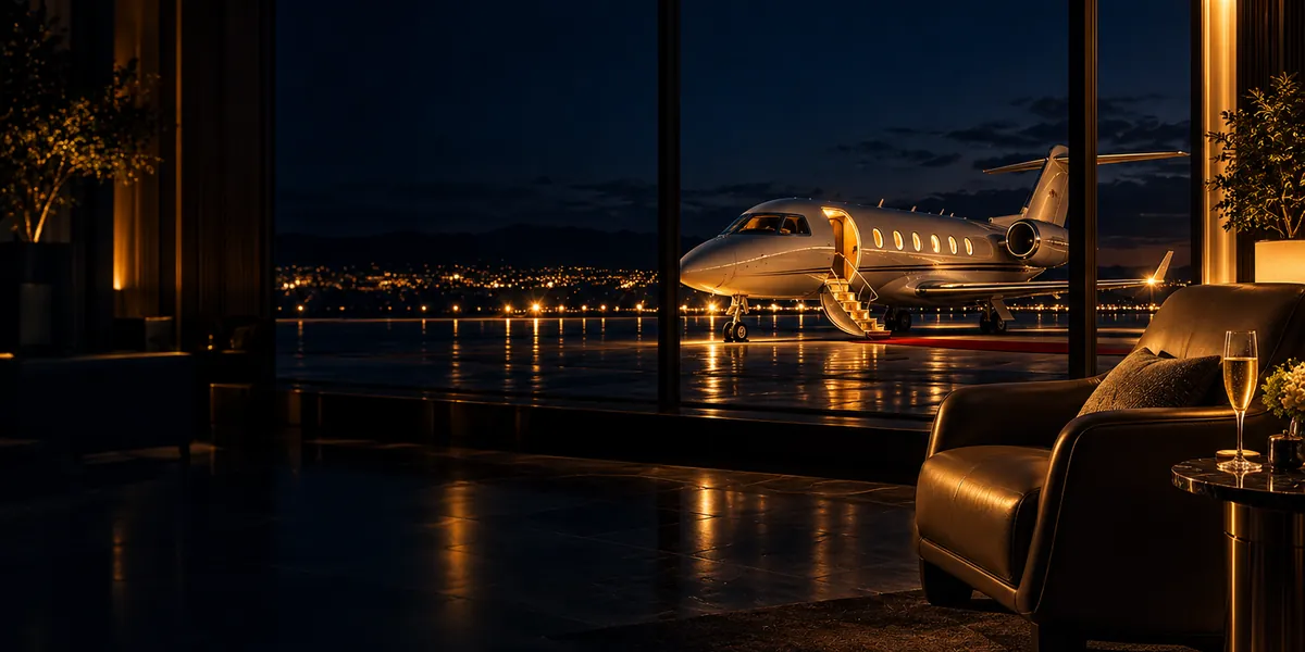 Business traveller in a premium airport lounge with an aircraft beyond, representing premium air travel
