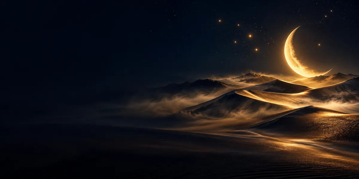 A crescent moon and stars over golden desert dunes at night, representing a dream