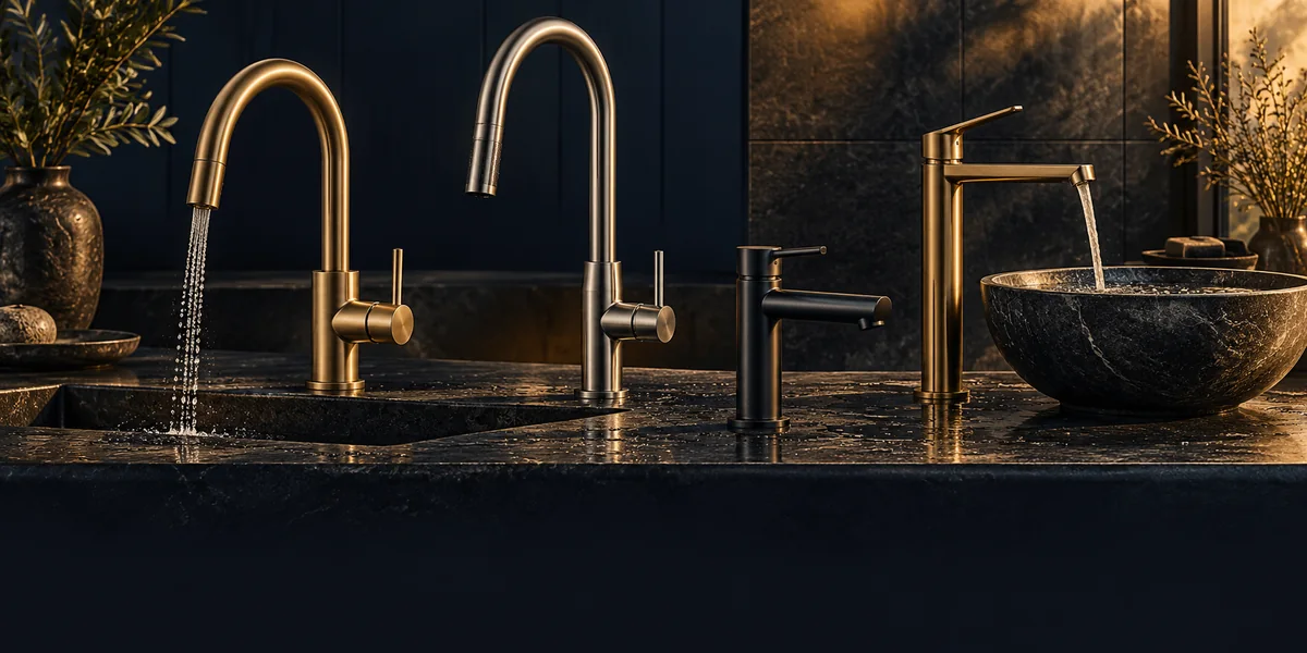 Designer kitchen and bathroom taps in brushed steel and matte black on stone plinths