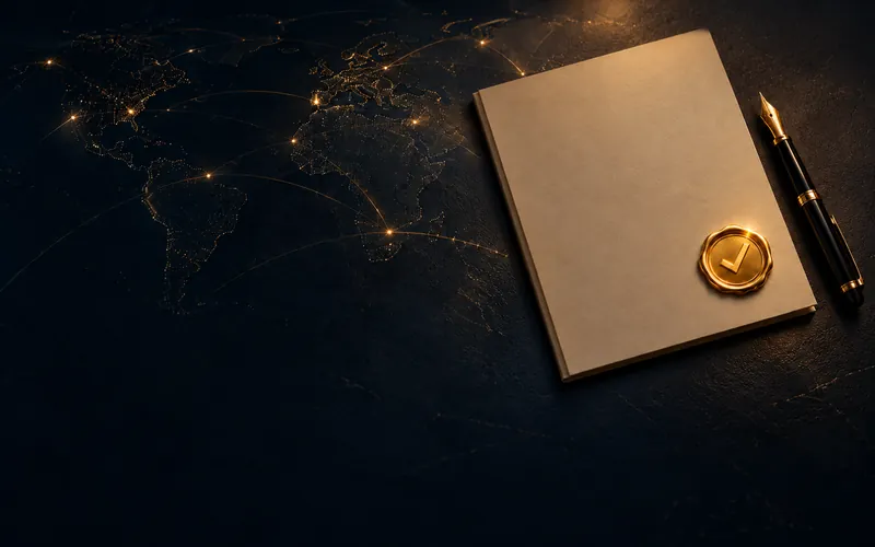 Closed dossier with a gold approval seal and a fountain pen over a faint world map, representing CV review and recruitment