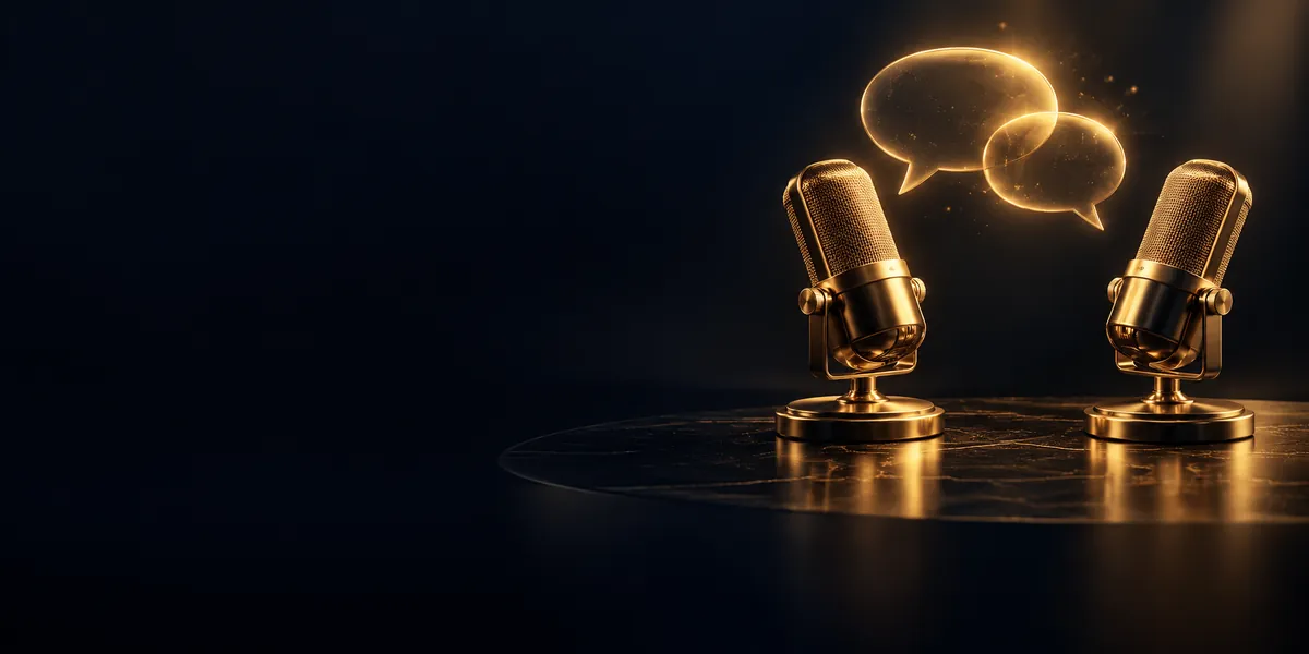 Two gold microphones facing each other under glowing speech bubbles, representing Arabic conversation and podcasts