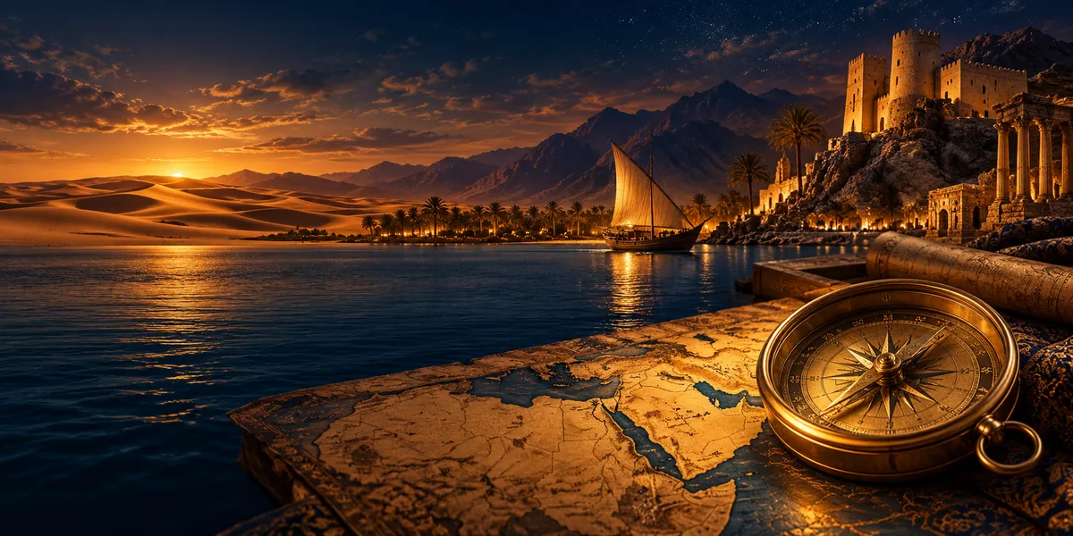 A gold compass on a map of the Arab world beside a desert, a dhow and an old fortress at sunset, representing travel in the Arab world