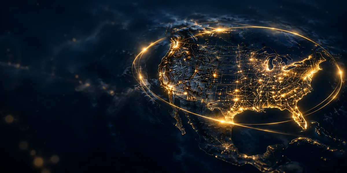 A glowing gold ring of light circling a night-time map of the United States, representing AI around us