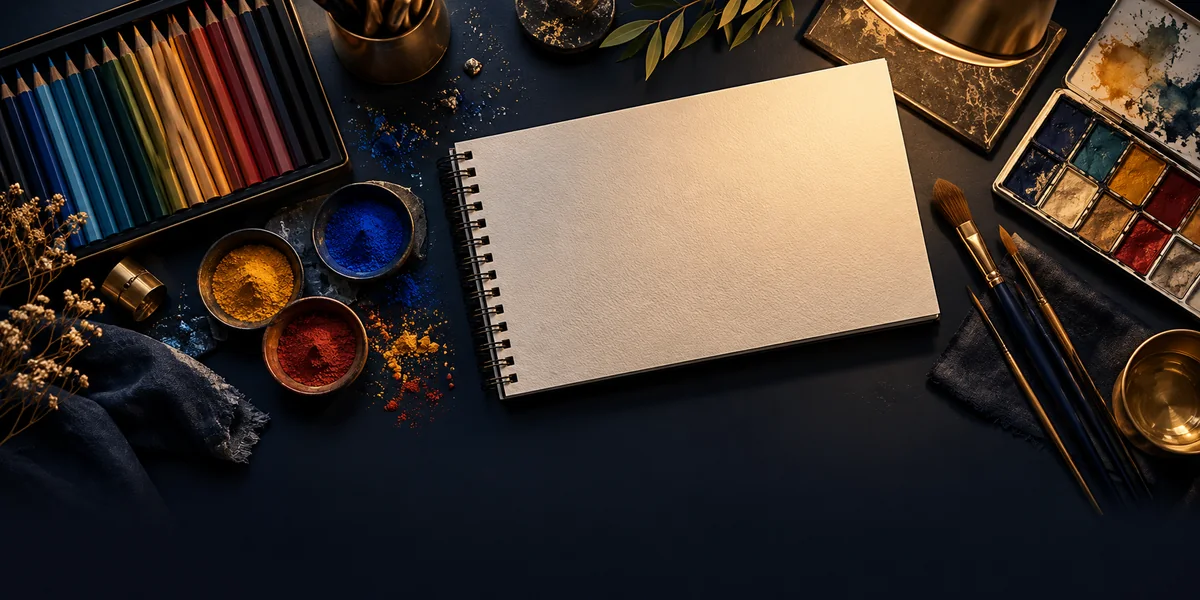 Art supply editorial with pencils, brushes, sketchbooks and vivid pigment swatches arranged beautifully