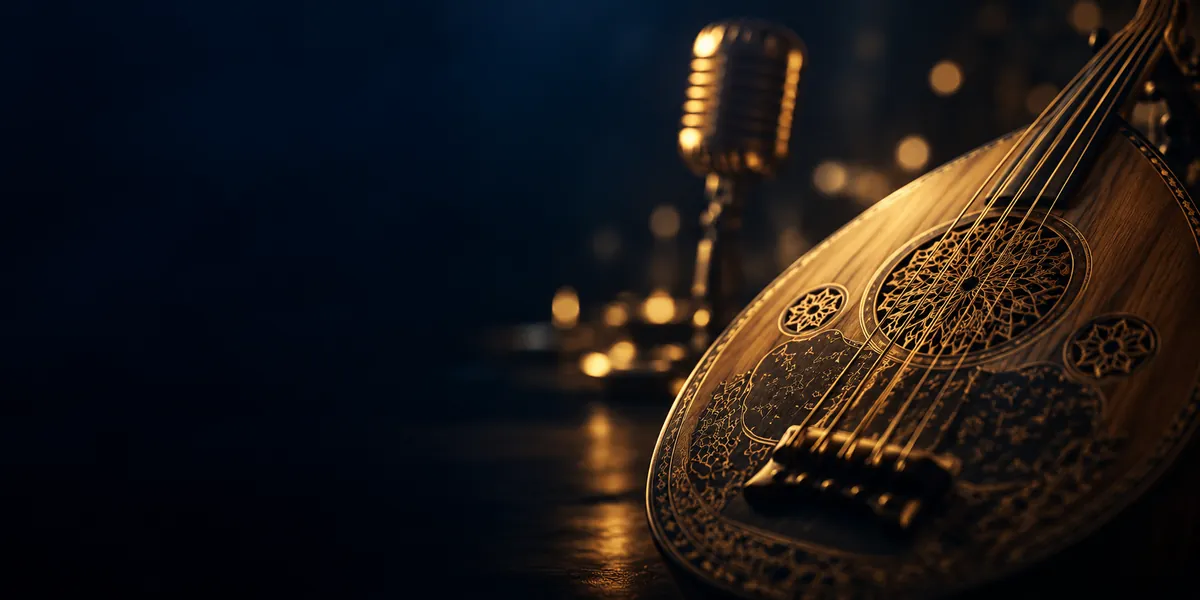 Close-up of the strings of an oud with a vintage radio microphone behind it, representing Arabic radio and music