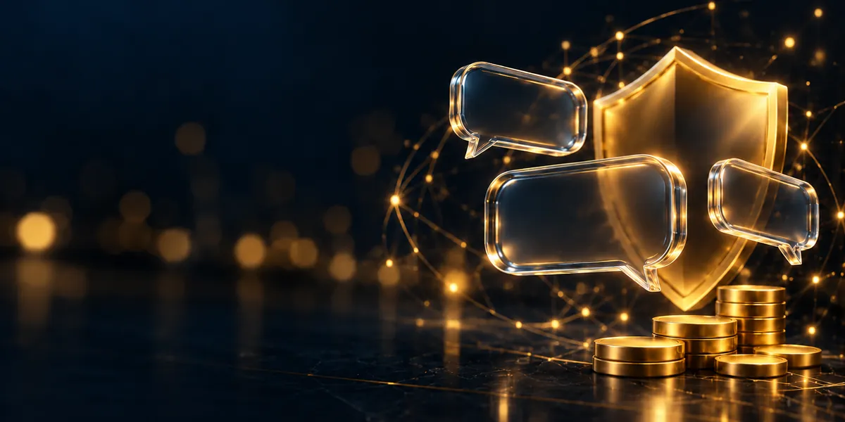 Glass chat bubbles around a gold security shield and coin stacks, representing conversational AI for banking