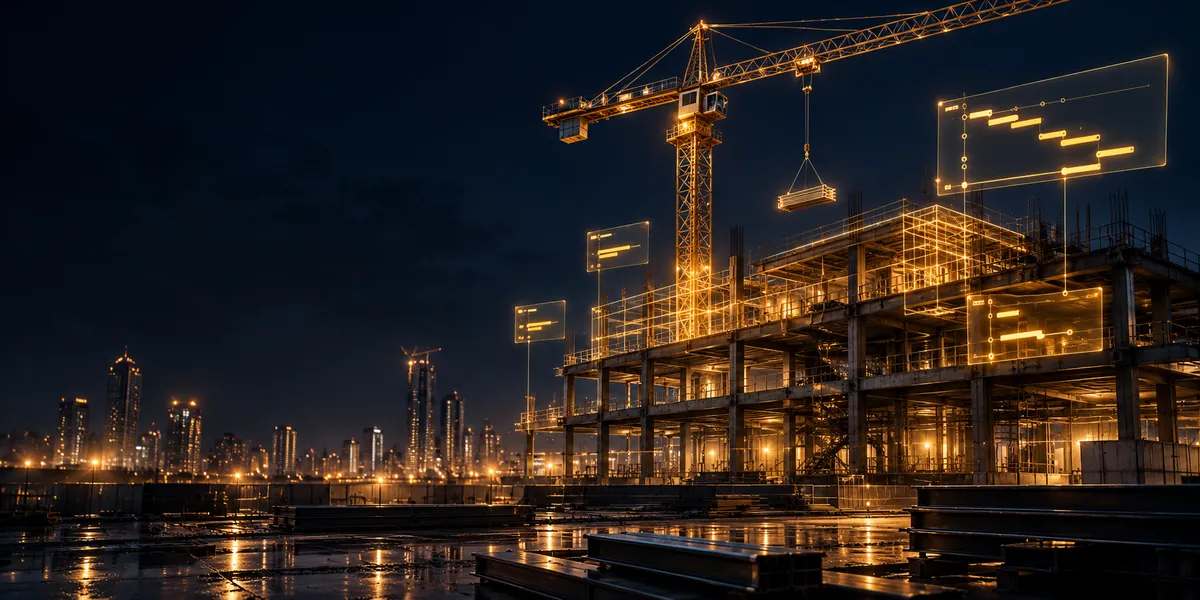 A tower crane and steel building frame at night with a glowing digital wireframe and schedule markers, representing AI for construction