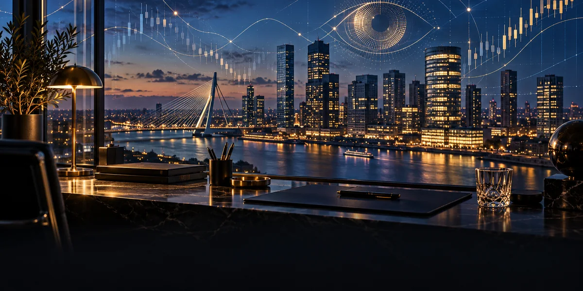 Investment analytics and an eye-shaped data visual above the Rotterdam skyline