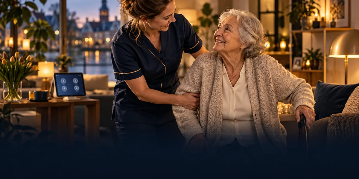 A professional caregiver helping an older woman in a warm Dutch home
