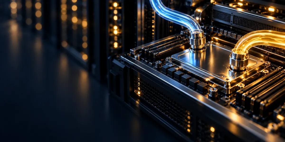 Liquid cold plate inside an AI data center with visible heat flow, representing data center cooling technology