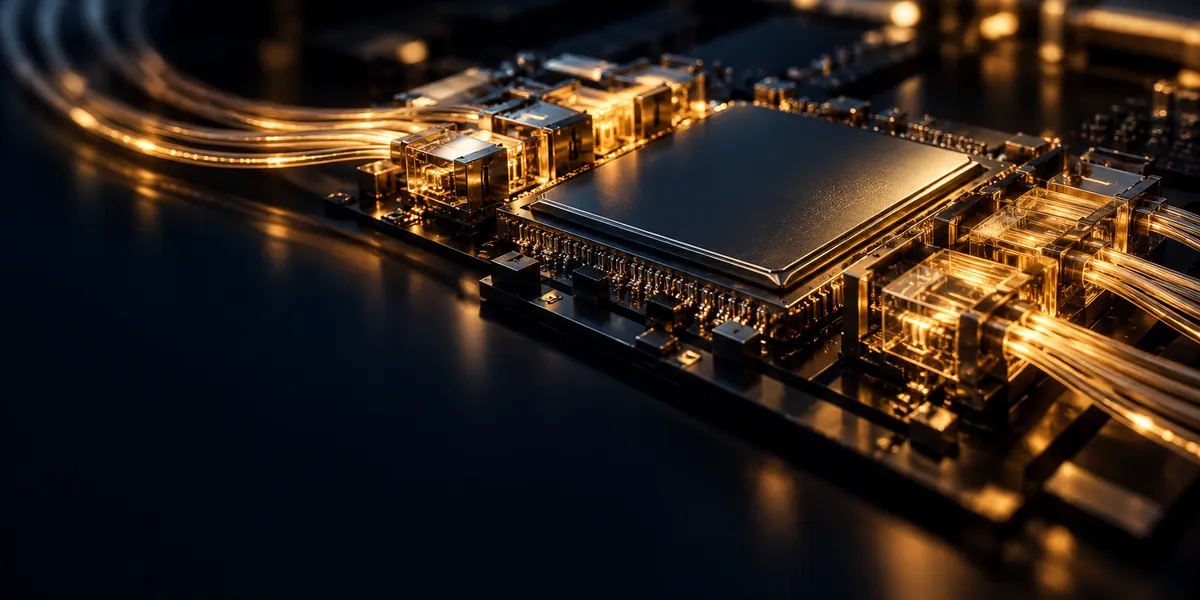 Optical engines packaged beside a switch chip with gold light in the fibers, representing co-packaged optics
