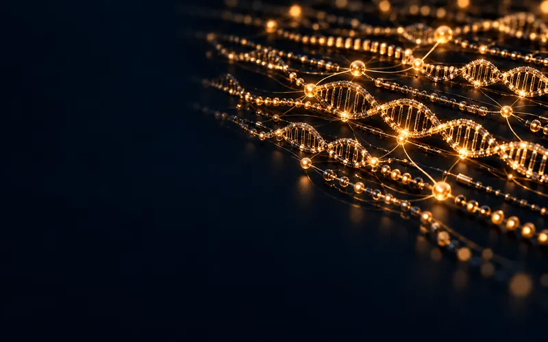 Glowing genome map linking genes to precise data points, representing genomics and health data
