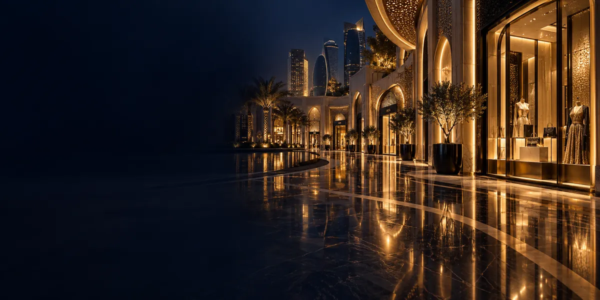 A gold-lit luxury shopping arcade with marble floors and the Doha skyline at night, representing shopping in Doha