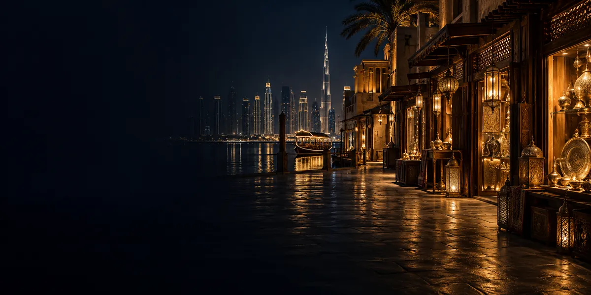 A lantern-lit souk walkway with gold shop displays beside the Dubai skyline at night, representing a Dubai marketplace