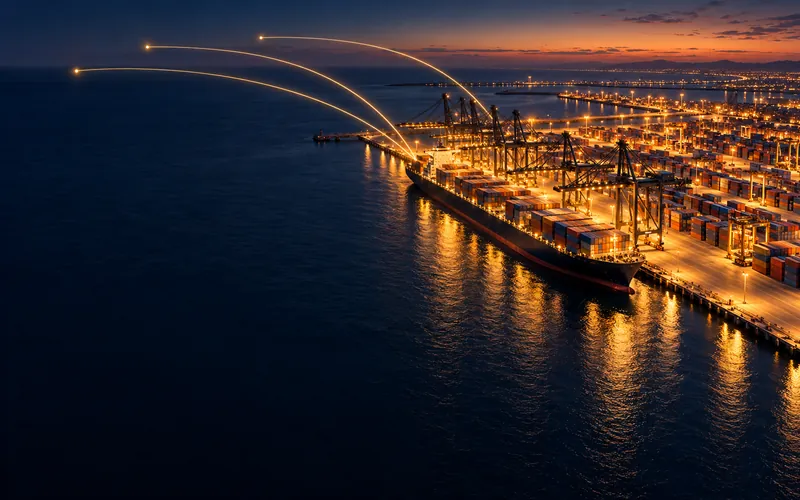 Modern container port at sunset with global trade routes, representing shipping and logistics in Egypt