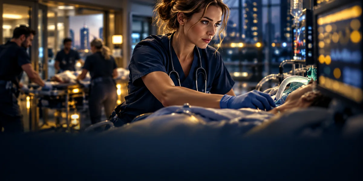 An emergency nurse providing focused care in a modern hospital response area
