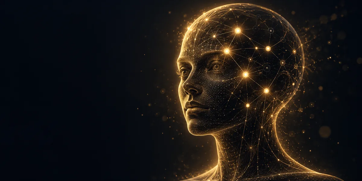 A glowing gold human head made of light lines with bright and faint nodes, representing what an AI knows and what it is unsure of