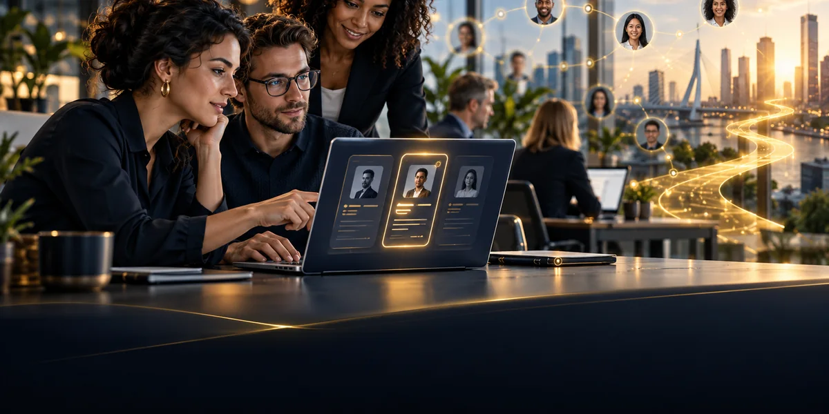 Recruiters matching professional profiles to opportunities in a modern Dutch office