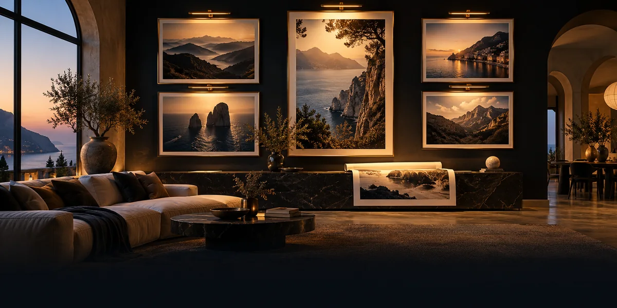 Elegant Italian interior with large personalized photographic wall prints and a framed gallery arrangement