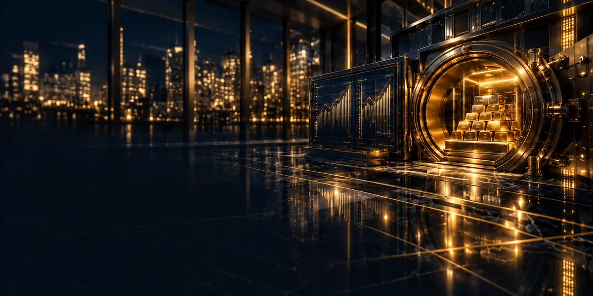 Open bank vault with stacked gold bars and market charts in a night-time financial district, representing fund custody and asset safekeeping