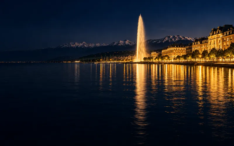 Lake Geneva at dusk with a refined private-banking atmosphere, representing Swiss private banking