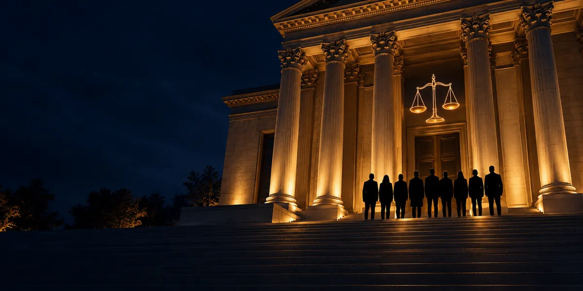 Group of figures before a courthouse with scales of justice, representing class and mass actions